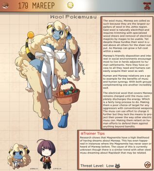 1boy 1girl artist_name basket berry_(pokemon) black_hair blonde_hair blue_skin breasts brown_background brown_eyes character_name character_profile colored_skin commentary detached_sleeves digitigrade english_commentary english_text fluffy gen_2_pokemon highres holding holding_basket horns kinkymation large_breasts long_hair mareep neck_fur nintendo personification poke_ball poke_ball_(basic) pokemon pokemon_tail sheep_girl tail wide_sleeves