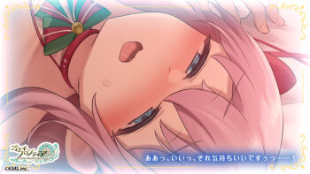 1girl blue_eyes blush choker commentary_request dmm open_mouth otogi_frontier pink_hair purute_(otogi_frontier) raised_inner_eyebrows ribbon smile sweat