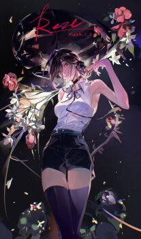 1girl armpits black_hair black_shorts black_thighhighs blue_eyes bouquet chainsaw_man character_name collar collared_shirt feet_out_of_frame flower flower_request grin hair_bun hands_up head_tilt holding holding_bouquet looking_at_viewer neck_ribbon painterly rc_dec reze_(chainsaw_man) ribbon shirt short_hair shorts sleeveless sleeveless_shirt smile solo thighhighs white_shirt zettai_ryouiki