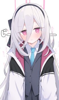 1girl :t absurdres black_hairband black_jacket black_skirt blazer blue_archive blue_necktie blush closed_mouth collared_shirt commentary_request grey_hair hair_between_eyes hairband halo highres jacket kei_(blue_archive) kei_(new_body)_(blue_archive) long_hair looking_at_viewer miniskirt necktie nui_(nuinui0300) open_clothes open_jacket pink_eyes pink_halo pleated_skirt pout rectangular_halo shirt simple_background skirt solo translation_request upper_body white_background white_jacket white_shirt