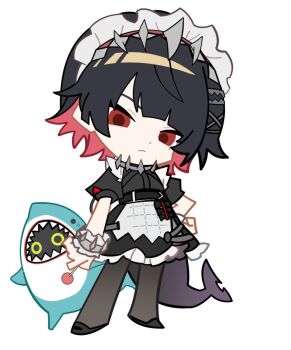 1girl animal_costume black_dress black_hair candy colored_inner_hair dress ellen_joe fins fish_tail food frilled_wristband hairband holding holding_candy holding_food holding_lollipop lollipop looking_at_viewer maid maid_headdress metal_hairband mmmgnsn mole mole_under_eye multicolored_hair pantyhose razor_blade_hair_ornament red_eyes red_hair shark_costume shark_girl shark_tail sharkboo_(zenless_zone_zero) spiked_headband tail two-tone_hair zenless_zone_zero