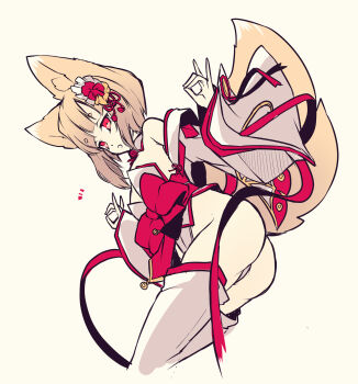 1girl animal_ear_fluff animal_ears ass bare_shoulders blonde_hair blunt_bangs breasts commentary_request cropped_legs detached_collar detached_sleeves double_fox_shadow_puppet fox_ears fox_girl fox_shadow_puppet fox_tail hair_ornament highleg highleg_leotard highres hisui_(syarute) japanese_clothes kitsune leotard long_sidelocks looking_at_viewer medium_hair nontraditional_miko notice_lines obi obijime open_mouth original red_eyes red_ribbon ribbon ribbon-trimmed_sleeves ribbon_trim sash sidelocks simple_background small_breasts solo surprised tail thighhighs white_background white_leotard white_sleeves white_thighhighs wide_sleeves