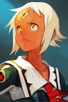 Rule 34 | 1girl, blue background, closed mouth, dark-skinned female, dark skin, facial mark, female focus, forehead mark, hungry clicker, lal'c mellk mal, long sleeves, looking afar, orange eyes, sailor collar, school uniform, serafuku, simple background, solo, top wo nerae! (series), top wo nerae 2!, upper body, white hair, white sailor collar