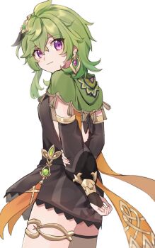 1girl ahoge arms_behind_back back_cutout black_gloves brown_dress brown_sleeves brown_thighhighs cape capelet closed_mouth clothing_cutout collei_(genshin_impact) commentary_request cowboy_shot detached_sleeves dress earrings fingerless_gloves from_behind gem genshin_impact gloves gold_earrings green_capelet green_gem green_hair hair_between_eyes headpiece highres jewelry kuromame long_sleeves looking_at_viewer looking_back orange_cape puffy_detached_sleeves puffy_long_sleeves puffy_sleeves purple_eyes purple_gem short_hair sidelocks simple_background single_thighhigh sleeveless sleeveless_dress smile solo standing tassel thigh_strap thighhighs vision_(genshin_impact) white_background