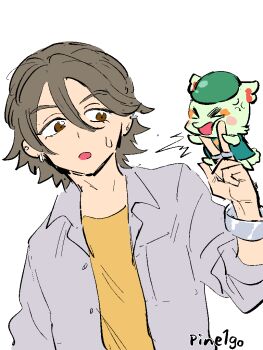 Rule 34 | angry, black jacket, brown hair, collarbone, earrings, hair between eyes, half updo, hoop, hoop earrings, jacket, jewelry, kazuma (precure), kimi to idol precure, long sleeves, looking to the side, mature male, multiple earrings, neck, open clothes, open jacket, open mouth, parted bangs, pineapple 1-gou, precure, ring, shirt, stuffed animal, stuffed toy, sweat, sweatdrop, twitter username, upper body, white shirt, wrist cuffs, zakkurin (fairy) (precure)