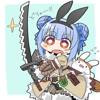 1girl alternate_costume and_takashi animal_ear_hairband animal_ears belt belt_buckle black_gloves blue_hair bright_pupils brown_coat buckle chibi chibi_only coat commentary_request cosplay double_bun fake_animal_ears flying_sweatdrops fur_trim gloves hair_bun hairband highres holding holding_sword holding_weapon monster_hunter_(series) open_mouth orange_eyes pekomon_(usada_pekora) rabbit_ear_hairband rabbit_ears rabbit_girl scabbard sheath short_eyebrows solo star_(symbol) sword teeth thick_eyebrows upper_teeth_only usada_pekora v-shaped_eyebrows virtual_youtuber weapon white_pupils