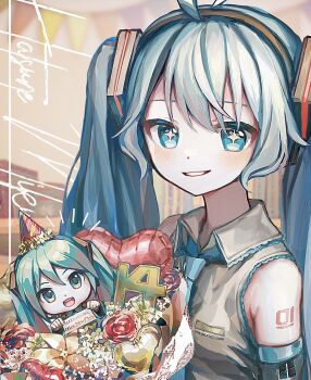 Rule 34 | + +, 2girls, ahoge, antenna hair, armpit crease, balloon, bare shoulders, birthday, black headband, black sleeves, blue eyes, blue hair, blue nails, blue necktie, blurry, blurry background, blush, book, bookshelf, collared shirt, commentary, detached sleeves, dual persona, flower, frilled shirt, frills, grey shirt, hair between eyes, hair ornament, hairclip, happy birthday, hat, hatsune miku, headband, heart balloon, highres, holding, holding sign, indoors, krlouvf, long hair, looking at viewer, mikudayo, mini person, minigirl, multiple girls, necktie, number tattoo, open mouth, orange flower, parted bangs, parted lips, party hat, photo (object), portrait (object), red flower, red hat, red rose, rose, shirt, shoulder tattoo, sidelocks, sign, sleeveless, sleeveless shirt, smile, string of flags, striped clothes, striped hat, striped shirt, striped sleeves, tattoo, twintails, vertical-striped clothes, vertical-striped shirt, very long hair, vocaloid, wide sleeves, yellow flower