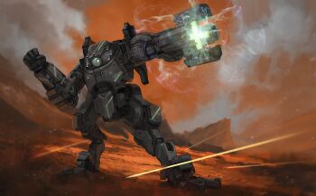 absurdres aiming arm_cannon armor battle bfg_10000_(doom_eternal) bfg_9000 bfg_division cannon clenched_hand crossover day_of_wrath_(infinitypilot) diagonal_stripes doom_(2016) doom_(series) doomsday_(day_of_wrath) energy energy_ball energy_cannon energy_gun energy_weapon fanfic fighting_stance firing glowing glowing_eye glowing_eyes glowing_weapon green_eyes gun highres huge_weapon lightning mars_(planet) mecha mecha_focus mechanical_arms mechanical_legs original plasma raised_fist robot science_fiction sensor spread_legs standing striped titan_(titanfall) titanfall_(series) titanfall_2 vincentius_matthew weapon wide_spread_legs