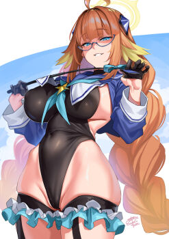 1girl ahoge black_gloves black_leotard blue_archive blue_eyes blue_shrug blush braid breasts cameltoe commentary covered_navel feather_hair gloves grin half_gloves halo highleg highleg_leotard highres large_breasts leotard long_hair long_sleeves looking_at_viewer low_twin_braids okitakung orange_hair riding_crop shimiko_(blue_archive) shimiko_(magical)_(blue_archive) shrug_(clothing) smile solo symbol-only_commentary twin_braids