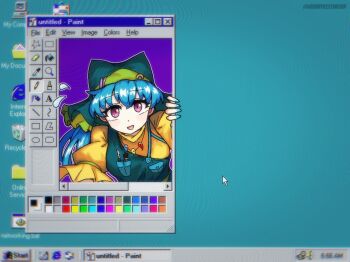 1girl :d apron blue_hair commentary cursor english_commentary english_text flying_sweatdrops green_apron green_hat haniyasushin_keiki hat headscarf long_hair looking_at_viewer open_mouth paint.net_(medium) pink_eyes purple_background rainbow_hat_ornament short_sleeves simple_background sleepymoon smile solo touhou twitter_username upper_body user_interface