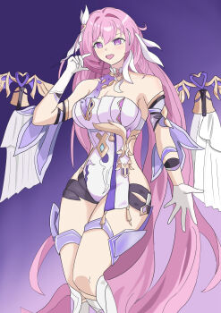 1girl absurdly_long_hair absurdres bare_shoulders bell black_shorts breasts cannon_(user_kwzw2733) chinese_commentary cleavage commentary_request elysia_(herrscher_of_human:_ego)_(honkai_impact) elysia_(honkai_impact) highres honkai_(series) honkai_impact_3rd large_breasts long_hair multicolored_hair open_mouth pink_hair purple_background purple_eyes short_shorts shorts smile solo thigh_strap thighs triquetra two-tone_hair very_long_hair white_hair