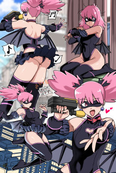 armpits ass ass_focus back bare_legs bat_wings bent_over boku_no_hero_academia bones_(company) boots building cabin_(artist) city curvy flat_chest fliny groin haneyama_kazuho huge_ass idol jumping legs loli long_hair mask microphone music night pink_eyes pink_hair shounen_jump singing sweat sweatdrop tight_clothes twintails undressing vigilante_-boku_no_hero_academia:_illegals- wings