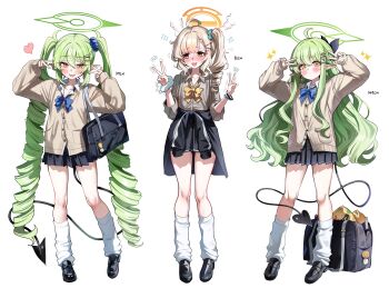 3girls absurdly_long_hair absurdres alternate_costume alternate_hairstyle aoba_(blue_archive) black_jacket black_shoes black_skirt blonde_hair blue_archive blue_bow blue_scrunchie blush bow brown_cardigan brown_shirt cardigan closed_mouth clothes_around_waist collared_shirt commentary_request demon_girl demon_tail double_v drill_hair full_body green_hair green_halo gyaru hair_between_eyes hair_ornament hair_scrunchie halo highres hikari_(blue_archive) jacket jacket_around_waist kogal leg_warmers long_hair looking_at_viewer looking_to_the_side multiple_girls nozomi_(blue_archive) open_mouth orange_bow pleated_skirt pointy_ears red_eyes sak_(lemondisk) school_uniform scrunchie shirt shoes side_ponytail simple_background skirt sleeves_rolled_up sweatdrop tail twin_drills v very_long_hair white_leg_warmers white_scrunchie white_shirt wrist_scrunchie yellow_eyes yellow_halo