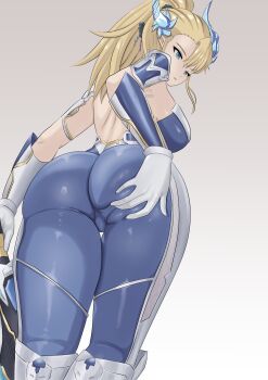 Rule 34 | 1girl, ass, blonde hair, blue bodysuit, blue horns, bodysuit, bodysuit pull, breasts, cameltoe, commentary, english commentary, from behind, from below, gloves, grabbing another's ass, grey background, groping, highres, horns, impossible bodysuit, impossible clothes, large breasts, long hair, mask, meme, propips, ragnarok sinmara, simple background, solo, spreading own ass, taimanin (series), taimanin suit, variant set, white gloves, wilhelmina stretch (meme)