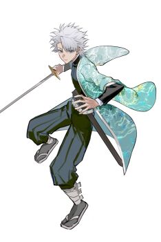 Rule 34 | 1boy, aqua eyes, aqua haori, black pants, bleach, commentary, demon slayer uniform, dragon print, expressionless, full body, grey hair, grey socks, haori, highres, hitsugaya toushirou, hitsuran99, holding, holding sword, holding weapon, japanese clothes, kimetsu no yaiba, male focus, pants, sandals, sheath, socks, solo, sword, weapon