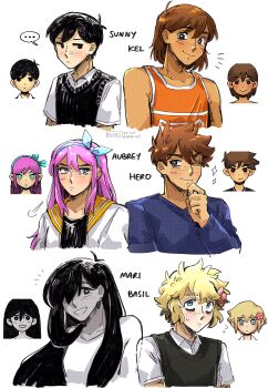 Rule 34 | ..., 2girls, 4boys, absurdres, alternate color, antenna hair, aubrey (faraway) (omori), aubrey (omori), basil (faraway) (omori), basil (omori), black eyes, black hair, black sweater vest, blonde hair, blue eyes, blue hairband, blue sweater, blush, bright pupils, brother and sister, brothers, brown hair, character name, closed mouth, collarbone, collared shirt, commentary, dark-skinned male, dark skin, double-parted bangs, dress, english commentary, expressionless, flower, flying sweatdrops, freckles, hair between eyes, hair flower, hair ornament, hair over one eye, hairband, hero (faraway) (omori), hero (omori), highres, jacket, kel (faraway) (omori), kel (omori), kiisaes, long hair, long sleeves, looking at viewer, mari (omori), mari (spirit) (omori), messy hair, multiple boys, multiple girls, omori, one eye closed, open clothes, open jacket, open mouth, pink hair, shirt, short hair, short sleeves, siblings, sidelocks, simple background, smile, sparkle, speech bubble, spoken ellipsis, sunny (omori), sweatdrop, sweater, sweater vest, white background, white dress, white jacket, white pupils, white shirt