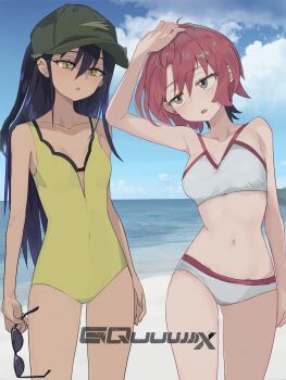 2girls absurdres amate_yuzuriha aqua_eyes atoi57209036 beach bikini black_hair collarbone commentary_request copyright_logo dark-skinned_female dark_skin day green_hat gundam gundam_gquuuuuux hat highres holding holding_removed_eyewear logo long_hair multiple_girls navel nyaan_(gundam_gquuuuuux) ocean one-piece_swimsuit outdoors red_hair short_hair standing sunglasses swimsuit unworn_eyewear white_bikini yellow_eyes yellow_one-piece_swimsuit