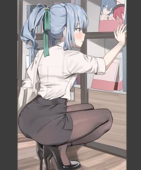 1girl absurdres bag black_pantyhose black_skirt blue_eyes blue_hair blue_nails blush book commentary hair_ribbon high_heels highres hololive hoshimachi_suisei library nail_polish office_lady pantyhose parted_lips pencil_skirt ponytail ribbon sakura_miko scarlet_(wv0102) see-through_clothes shirt shirt_tucked_in shoulder_bag skirt solo squatting symbol-only_commentary virtual_youtuber white_bag white_shirt