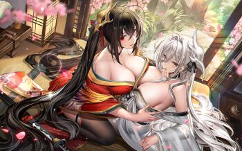 2girls absurdres architecture azur_lane bare_shoulders black_hair blush breasts cleavage commentary_request crossed_bangs east_asian_architecture hair_between_eyes hair_intakes hakuhou_(azur_lane) heatia highres huge_breasts japanese_clothes kimono long_hair long_hair_between_eyes looking_at_viewer multiple_girls off_shoulder red_eyes red_kimono sitting smile sweat taihou_(azur_lane) tatami thighs twintails very_long_hair white_hair white_kimono wide_sleeves