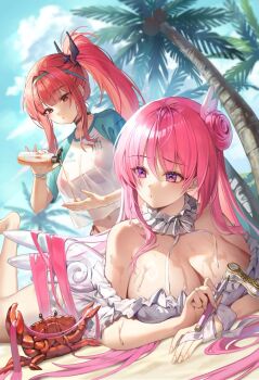 2girls aile_(crossroads) angel_wings applying_sunscreen beach bikini bikini_visible_through_clothes breasts cleavage coconut_tree commentary crab dorothy_(nikke) dorothy_(serendipity)_(nikke) english_commentary goddess_of_victory:_nikke hair_bun highres large_breasts long_hair lying multiple_girls official_alternate_costume on_stomach outdoors palm_tree pink_hair ponytail purple_eyes rapi_(nikke) rapi_(red_hood)_(nikke) rapi_(red_hood)_(red_flavor)_(nikke) red_bikini red_eyes red_hair single_side_bun swimsuit tree two-tone_shirt very_long_hair white_bikini wings