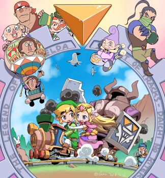 6+boys absurdres aircraft alfonzo anjean arm_up armor artist_name bandana beedle belt bird black_eyes black_hair blonde_hair blue_eyes blue_eyeshadow blue_hair blue_sky boots breastplate brown_belt brown_boots buck_teeth byrne_(zelda) camera chancellor_cole claws closed_mouth commentary copyright_name crossed_arms dated dress elbow_gloves eyeshadow facial_hair fake_horns fangs ferrus_(zelda) flying freckles gloves green_hat green_tunic hair_ornament hands_in_opposite_sleeves hat helmet high_ponytail highres holding holding_shield holding_sword holding_weapon horned_helmet horns hot_air_balloon isedaichi_ken link long_hair looking_at_another looking_at_viewer looking_back makeup mask mountain mouth_mask multiple_boys multiple_hats mustache niko_(zelda) nintendo one_eye_closed open_mouth orange_hair pants phantom_(zelda) phrygian_cap pink_dress pointing pointy_ears ponytail princess_zelda purple_hair rabbit railroad_tracks red_bandana red_nose seagull shield shirt short_hair shoulder_armor sitting sky smile standing steam striped_clothes striped_shirt sword tall_hair teeth tetrahedron the_legend_of_zelda the_legend_of_zelda:_spirit_tracks tiara toon_link toon_zelda top_hat train tree tripod tunic twitter_username weapon white_gloves white_hair white_pants wing_hair_ornament