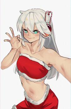 1girl absurdres aqua_eyes bare_shoulders blush borrowed_character breasts closed_mouth collarbone commentary cowboy_shot digitan_(porforever) english_commentary fur-trimmed_skirt fur-trimmed_tube_top fur_trim green_pupils hair_between_eyes hand_up headphones highres kobi420 lips long_hair looking_at_viewer midriff navel original red_skirt red_tube_top santa_costume selfie sidelocks simple_background skirt small_breasts solo star-shaped_pupils star_(symbol) strapless symbol-shaped_pupils tube_top white_background