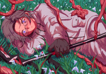 1boy aotsuki_eito black_gloves bleeding blood blood_on_eyewear bloody_weapon brown_hair commentary_request entrails flower glasses gloves highres holding holding_weapon impaled jacket koka-ka_metoro lying male_focus on_grass on_ground on_side organs pocket purple_eyes short_hair sleeve_pouch solo spikes the_hundred_line_-last_defense_academy- weapon white_flower white_jacket wide-eyed