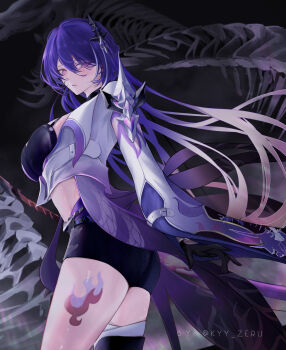 1girl absurdres acheron_(honkai:_star_rail) artist_name bandages black_choker black_gloves black_shorts bone boots choker coat coattails commentary detached_sleeves gloves hair_over_one_eye highres honkai:_star_rail honkai_(series) kyy_zeru leg_tattoo long_hair midriff multicolored_hair navel purple_eyes purple_hair short_shorts shorts single_bare_shoulder skeleton solo stomach streaked_hair tattoo thigh_boots thighs twitter_username white_coat