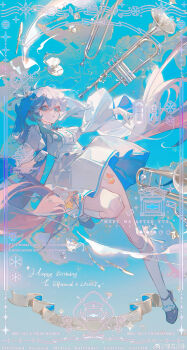 Rule 34 | 1girl, absurdres, afire, ahoge, black shoes, blue dress, blue eyes, blue hair, blue ribbon, blue sky, body markings, center cross lace, cleavage cutout, clothing cutout, cross-laced clothes, cross-laced dress, cup, double-parted bangs, dress, english text, floating, floating object, fork, frilled dress, frilled footwear, frills, full body, gloves, gold ribbon, hair between eyes, hair ribbon, half gloves, happy birthday, highres, instrument, juliet sleeves, kneehighs, knife, leg ribbon, long hair, long sidelocks, long sleeves, midair, neck ribbon, original, puffy sleeves, ribbon, saucer, shoes, sidelocks, sky, snowflakes, socks, solo, spoon, star (symbol), teacup, thigh marking, trombone, trumpet, twintails, two-sided dress, two-sided fabric, two-sided ribbon, two-tone dress, very long hair, water drop, watermark, weibo username, weibo watermark, white dress, white gloves, white ribbon, white socks