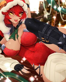 1girl absurdres alternate_costume black_gloves breasts dragon_girl dragon_horns fang fingerless_gloves gloves highres horns indie_virtual_youtuber inkyvivl large_breasts leotard long_hair looking_at_viewer open_mouth red_hair red_leotard skin_fang smile solo strapless strapless_leotard tongue tongue_out virtual_youtuber yellow_eyes zentreya zentreya_(dragon)