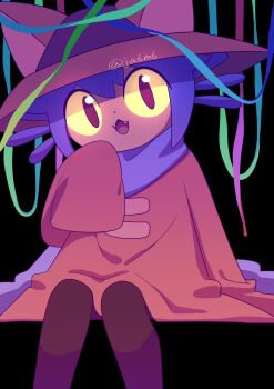 1other :3 androgynous animal_hat black_background brown_coat brown_eyes brown_hat cat_hat child coat colored_sclera dot_nose fangs feet_out_of_frame hand_on_own_chin hat highres ja6m6 looking_at_viewer medium_hair niko_(oneshot) oneshot_(game) open_mouth other_focus purple_hair purple_scarf scarf sitting sleeves_past_fingers sleeves_past_wrists smile solo streamers twitter_username yellow_sclera