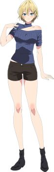 1girl anime_coloring bare_shoulders black_boots blonde_hair blue_eyes boots breasts clothing_cutout collarbone earrings evergreen_eri full_body hair_between_eyes hair_ornament hairpin haite_kudasai_takamine-san jewelry large_breasts looking_at_viewer off-shoulder_shirt off_shoulder official_art open_hands pants piercing shirt short_hair shorts shoulder_cutout simple_background smile solo standing taut_clothes taut_pants thighs transparent_background tsurime yamauchi_haruka