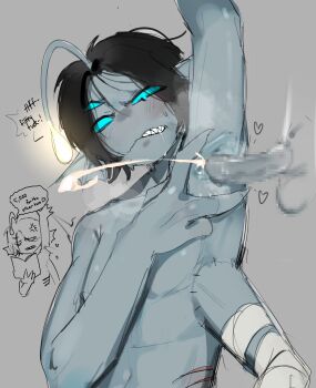 2boys absurdres anger_vein anglerfish anglerfish_boy arm_up armpit_sex armpitjob armpits artist_request bandaged_arm bandages black_hair blue_scales blue_sclera blue_skin blush censored chibi chibi_inset claws clenched_teeth colored_sclera colored_skin completely_nude crying crying_with_eyes_open cum disgust english_text erection extra_arms extra_eyes fingernails fins fish gills glowing hand_up head_fins heart heavy_breathing highres insult merfolk merman monster_boy multiple_boys navel nude parted_bangs penis player_character_(roblox) presenting_armpit pressure_(roblox) roblox sea_snake sebastian_solace sharp_fingernails sharp_teeth short_hair spread_armpit steaming_body sweat tears teeth testicles third_eye yaoi