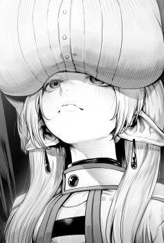 2girls absurdres breast_focus breast_rest breasts breasts_on_head closed_mouth fern_(sousou_no_frieren) frieren greyscale highres large_breasts long_hair looking_up meme monochrome multiple_girls niwarhythm perversion_of_canon pointy_ears portrait revision solo_focus sousou_no_frieren upward_angle_frieren_drawing_(meme)