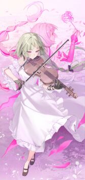 1girl absurdres bandages bandages_over_eyes black_gloves blunt_bangs braid dress flower frilled_dress frills full_body gloves grey_hair highres holding holding_instrument holding_violin instrument long_hair multicolored_hair music phrolova_(wuthering_waves) pink_streaks playing_instrument siole smile spider_lily twin_braids twintails two-tone_hair violin white_dress wuthering_waves