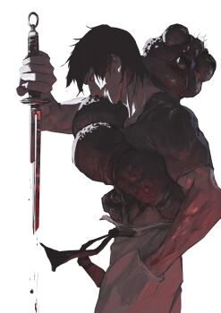 1boy 1other abs absurdres black_hair black_shirt cursed_spirit_(jujutsu_kaisen) from_side fushiguro_touji hand_in_pocket highres holding inverted_spear_of_heaven_(jujutsu_kaisen) jujutsu_kaisen male_focus mature_male muscular muscular_male neg_(101neg) pants pectorals red_eyes scar scar_on_face scar_on_mouth shadow shirt short_hair simple_background smile solo tight_clothes tight_shirt white_background worm