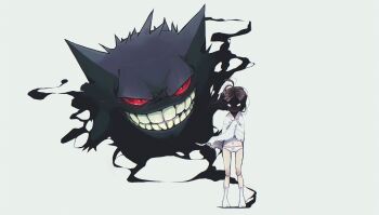 1girl aged_down black_hair bon-bon_(bonnibelboo) bonnibelboo child colored_sclera different_shadow evil_grin evil_smile eye_trail face_in_shadow full_body gen_1_pokemon gengar grin highres light_trail living_shadow long_hair looking_at_viewer navel nintendo panties pink_eyes pokemon pokemon_(creature) pokemon_focus red_sclera shawl smile socks standing teeth underwear