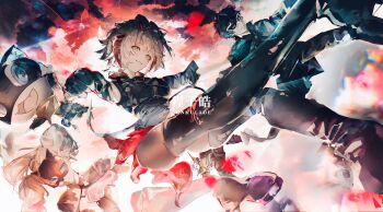 2girls 3boys amamiya_ren ambience_synesthesia antenna_hair arknights black_boots black_hair blonde_hair blue_eyes bodysuit boots breasts brown_pantyhose cat cat_mask catsuit commentary crossover demon_girl demon_horns demon_tail english_commentary eye_mask fingerless_gloves gloves grey_hair highres horns joker_(persona_5) long_hair long_sleeves lonkulade looking_at_viewer mask metal_mask morgana_(persona_5) multiple_boys multiple_girls official_alternate_costume panther_(persona_5) pantyhose parted_lips persona persona_5 red_bodysuit red_mask sakamoto_ryuuji short_hair skull_(persona_5) smile tail takamaki_anne thigh_boots twintails w_(arknights) w_(wanted)_(arknights) yellow_eyes