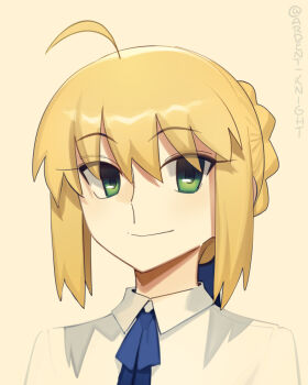 1girl ahoge artoria_pendragon_(fate) blonde_hair blue_ribbon boa_(brianoa) braid bun_with_braided_base collared_shirt commentary_request fate/stay_night fate_(series) green_eyes hair_bun hair_ribbon long_sleeves looking_at_viewer medium_hair neck_ribbon ribbon saber_(fate) shirt sidelocks single_hair_bun smile solo white_shirt