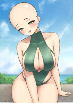 1girl bald bald_female bare_shoulders breasts cleavage commentary cowboy_shot english_commentary green_eyes green_one-piece_swimsuit highres indie_virtual_youtuber large_breasts nimi_nightmare ocean one-piece_swimsuit outdoors sitting solo swimsuit virtual_youtuber yafatguy
