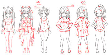 2girls ahoge animal_ear_fluff animal_ears blunt_bangs blunt_sidelocks bow buttons camisole cat_ears coco_(comodox) collarbone colored_lineart commentary comodox dot_nose double-parted_bangs double_bun dress forehead frilled_dress frills frown full_body hair_bow hair_bun hair_ornament hairclip hands_on_own_hips kneehighs looking_at_viewer monochrome multiple_girls multiple_views nono_(comodox) original panties pleated_skirt ponytail print_shirt reference_sheet school_uniform shirt sidelocks simple_background skirt socks standing tail thighs underwear untranslatable_commentary vest white_background