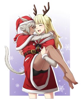 2girls absurdres animal_ears antlers arms_around_neck bamboo9545 barefoot black_shorts blonde_hair capelet cat_ears cat_girl cat_tail christmas closed_eyes commentary dark-skinned_female dark_skin dress facial_mark final_fantasy final_fantasy_xiv grey_hair hat highres horns hume long_hair long_sleeves lyse_hext miqo&#039;te multiple_girls open_mouth ponytail red_capelet red_dress reindeer_antlers santa_costume santa_dress santa_hat short_hair shorts smile tail toes whisker_markings y&#039;shtola_rhul yuri