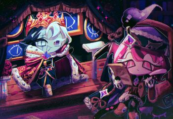 Rule 34 | 1boy, 1girl, blue eyes, blue hair, blue skin, cloak, colored eyelashes, colored skin, commentary, cookie run, cookie run: kingdom, crown, eternal sugar cookie, eternal sugar cookie (ink for a tragicomedy), extra eyes, hat, heterochromia, highres, holding, holding quill, multicolored hair, nailu, open mouth, paper, pink eyes, pink hair, pink skin, quill, shadow milk cookie, shadow milk cookie (an ad-lib ending), stage, untranslatable commentary, white eyelashes