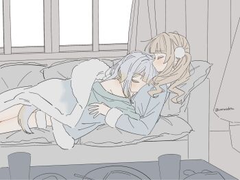 2girls animal_ears brown_hair closed_eyes couch cuddling curtains dog_ears dog_girl dog_tail grey_hair highres indoors kaburaki_roco living_room multicolored_hair multiple_girls nijisanji off_shoulder on_couch plate shioriha_ruri sleeping streaked_hair tail twintails twitter_username under_covers wanwa window yuri