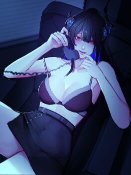 1girl absurdres asymmetrical_horns black_hair black_horns black_skirt blue_hair bra breasts colored_inner_hair highres holding holding_phone hololive hololive_english horns indoors large_breasts multicolored_hair nerissa_ravencroft phone purple_bra red_eyes skirt soju_ice solo talking_on_phone underwear virtual_youtuber