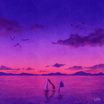 Rule 34 | bird, closed eyes, cloud, commentary request, gen 3 pokemon, highres, milotic, nintendo, no humans, outdoors, pokemon, pokemon (creature), reflection, revision, signature, sky, twilight, uta (pixiv 4699580), water, wingull