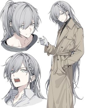 1boy absurdres between_fingers bishounen black_shirt braid brown_coat cigarette closed_mouth coat collarbone collared_shirt cropped_shoulders eyes_visible_through_hair feet_out_of_frame gloves grey_hair grey_shirt hair_behind_ear hair_between_eyes hand_in_pocket highres holding holding_cigarette kqgjh long_hair looking_at_viewer multiple_views open_collar open_mouth original ponytail scowl shirt side_braid sideways_glance simple_background smile solo standing t-shirt teeth trench_coat turtleneck turtleneck_shirt v-shaped_eyebrows very_long_hair white_background white_eyes white_gloves white_shirt