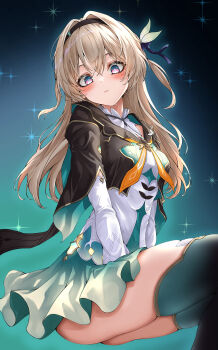 1girl absurdres aqua_skirt aqua_thighhighs black_background black_hairband black_jacket blush breasts brown_hair cropped_jacket firefly_(honkai:_star_rail) from_side gradient_background gradient_thighhighs green_background hairband highres honkai:_star_rail honkai_(series) jacket lds_(dstwins97) long_hair looking_at_viewer medium_breasts multicolored_eyes neckerchief orange_neckerchief shirt sitting skindentation skirt solo sparkle thighhighs thighs two-tone_eyes white_shirt