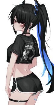 1girl absurdres akarinnndesu alternate_costume ass asymmetrical_horns black_choker black_hair black_shirt black_shorts blue_hair blush brand_name_imitation breasts choker colored_inner_hair commentary cowboy_shot cropped_shirt demon_girl demon_horns dolphin_shorts ear_piercing earrings from_side highres hololive hololive_english horns jewelry large_breasts long_hair looking_at_viewer looking_back midriff multicolored_hair multiple_piercings nerissa_ravencroft open_mouth pantera_(band) piercing ponytail print_shirt red_eyes shirt short_sleeves shorts simple_background solo t-shirt thigh_strap untranslatable_commentary virtual_youtuber white_background