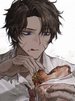 1boy :q brown_hair chanil_(muexlku) crumbs dark-skinned_male dark_skin food heathcliff_(project_moon) highres holding holding_food holding_sandwich jewelry limbus_company male_focus necktie parted_bangs project_moon purple_eyes red_necktie ring sandwich scar scar_on_face shirt solo tongue tongue_out wedding_ring white_shirt